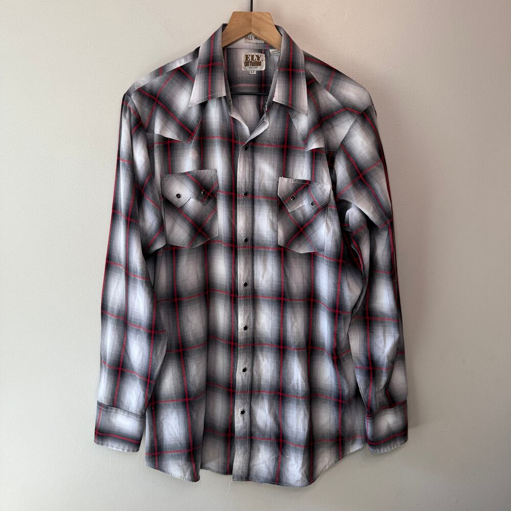 Ely Cattleman Tall Man Men's Black Pearl Snap Plaid Print Shirt Size Large Tall